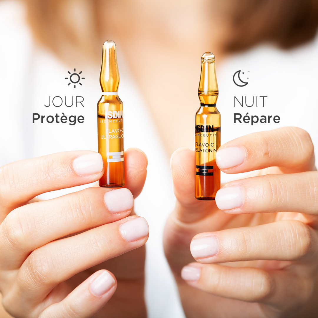 ISDIN ISDINCEUTICS Flavo-C Melatonin & Ultraglican 2x10 ampoules – Routine antioxydante jour/nuit – Disponible sur laparadulac.com – Laparadulac Parapharmacie Tunisie.