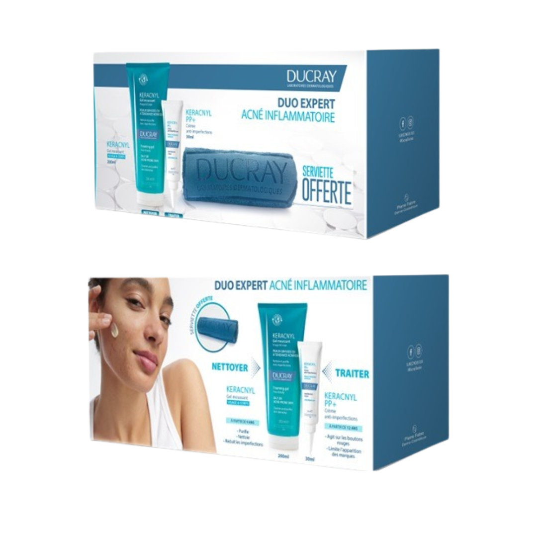 DUCRAY Keracnyl Pack Gel + PP avec serviette – routine anti-imperfections disponible sur laparadulac.com, parapharmacie Tunisie recommandée.