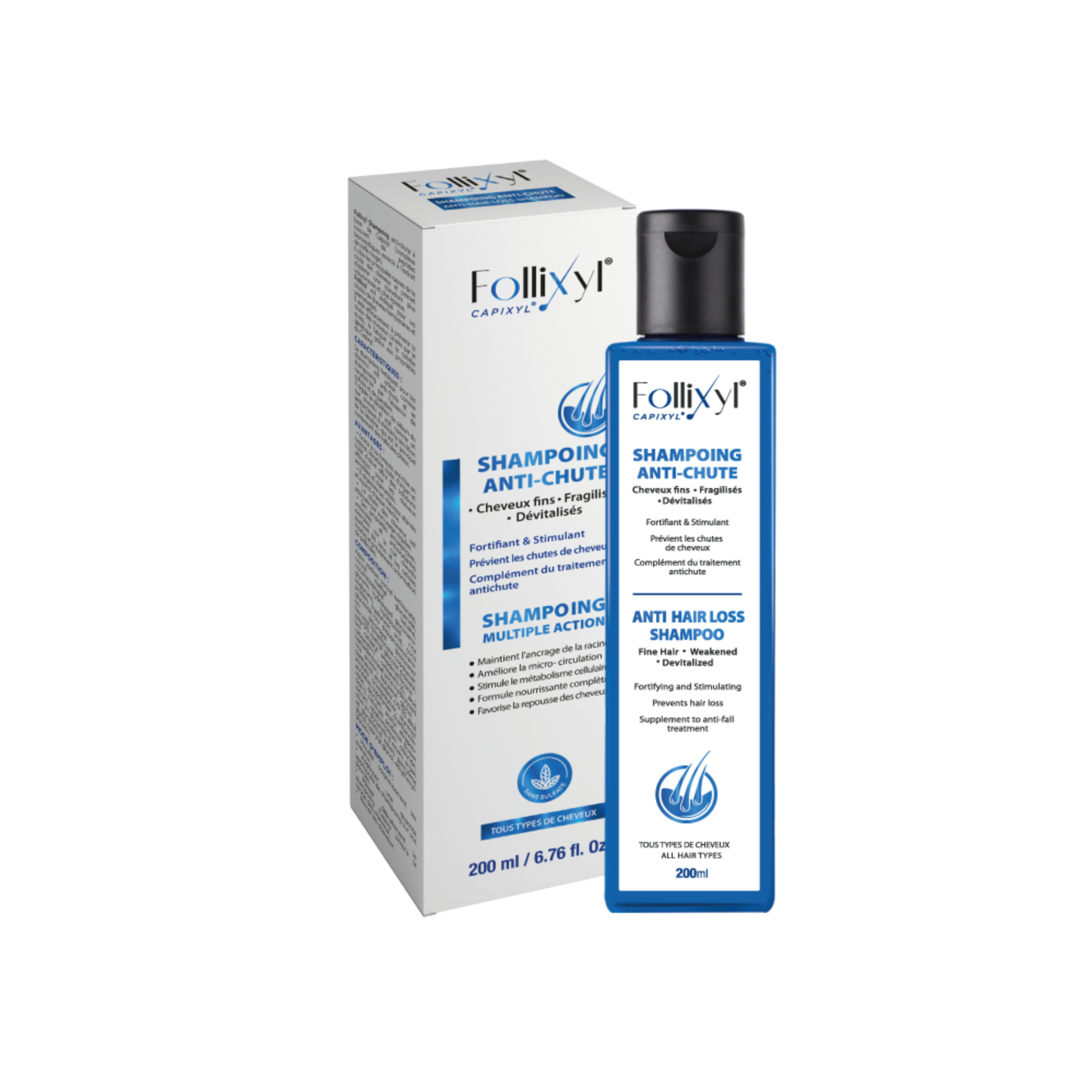 Flacon shampoing Follixyl anti-chute – nettoie le cuir chevelu, aide à limiter la casse et renforcer la fibre capillaire (selon usage), parapharmacie en ligne Tunisie sur laparadulac.com, qualité garantie.
