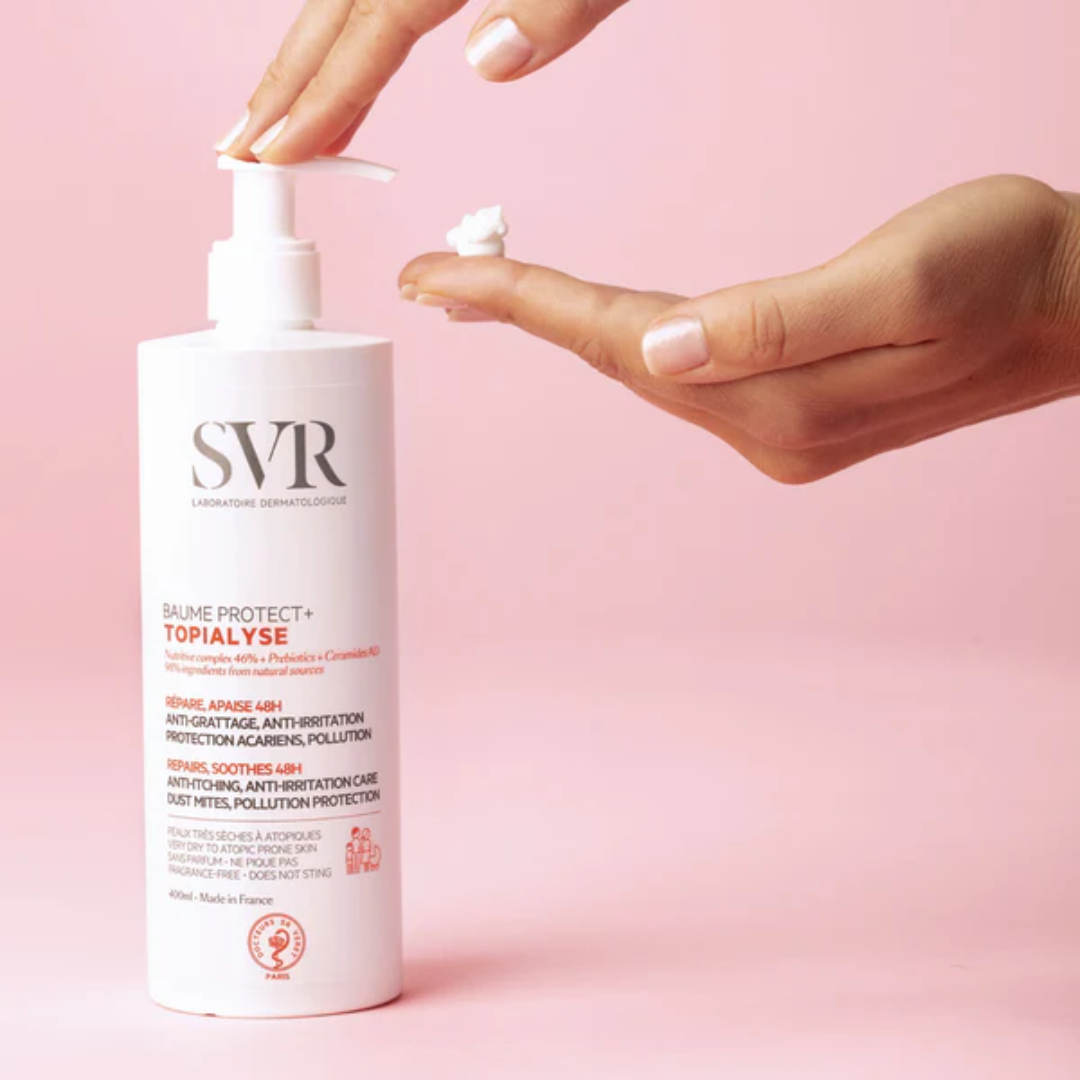 SVR Topialyse Baume Protect+ Tunisie – baume relipidant anti-sécheresse et anti-démangeaisons, soin apaisant et protecteur 48h pour peaux sensibles et atopiques, crème émolliente SVR dermatologie française, parapharmacie en ligne Tunisie Lac 2, produits SVR originaux pas cher Tunisie, acheter baume SVR Topialyse en Tunisie sur laparadulac.com