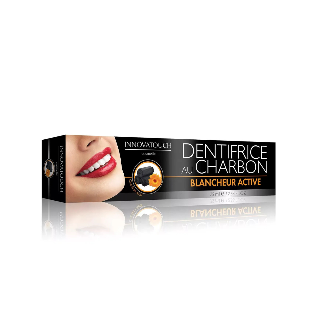 Dentifrice charbon actif sans fluor Innovatouch, disponible sur laparadulac.com, parapharmacie Tunisie, pour dents blanches et haleine fraîche