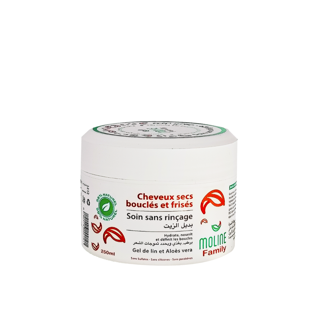 Moline Family Soin Sans Rinçage 250ml sur laparadulac.com, parapharmacie Tunisie : soin hydratant pour cheveux bouclés, aloe vera et huiles naturelles.