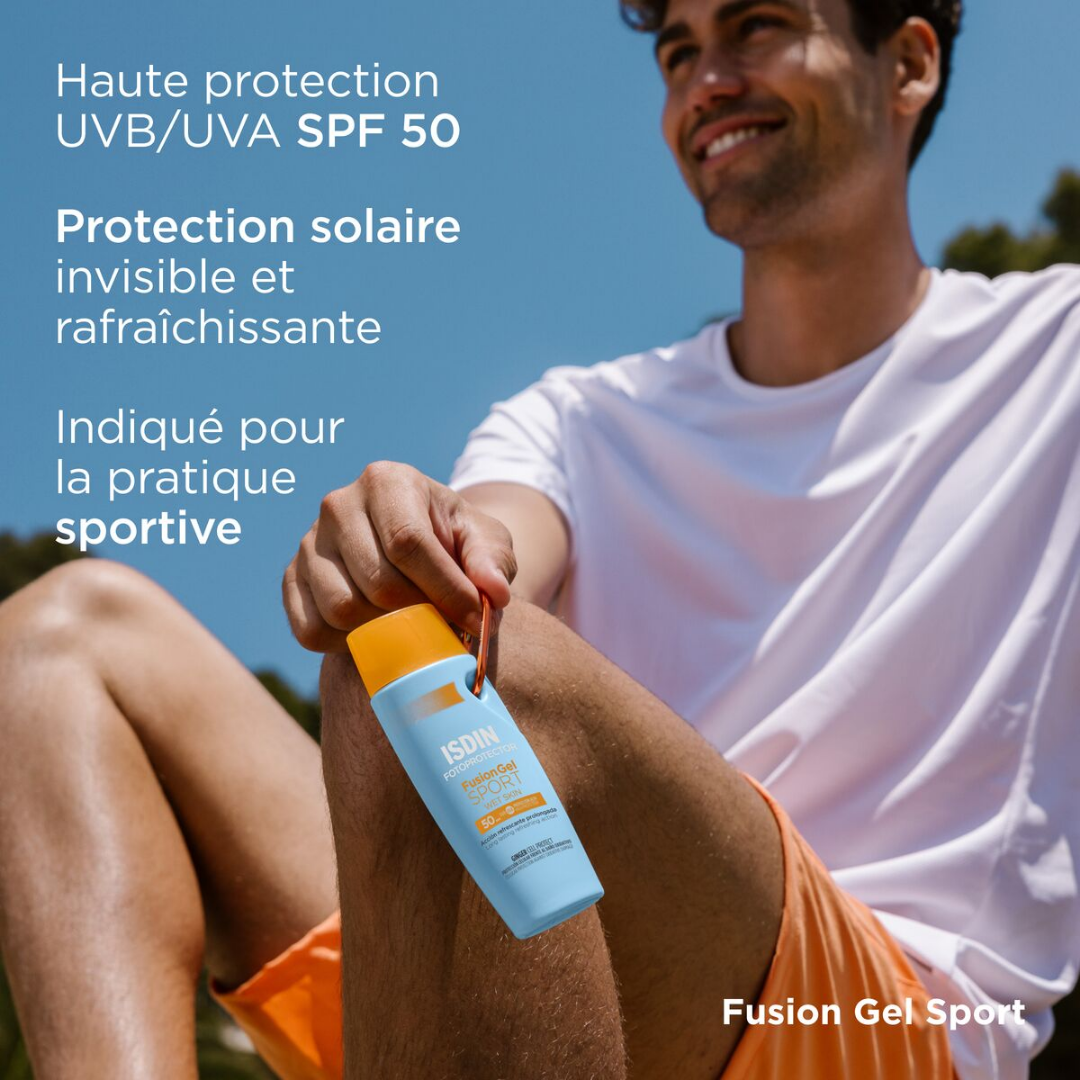 Fotoprotector ISDIN Fusion Gel Sport SPF 50 – gel solaire sportif invisible, rafraîchissant et résistant à l’eau, chez Laparadulac Parapharmacie Tunisie.