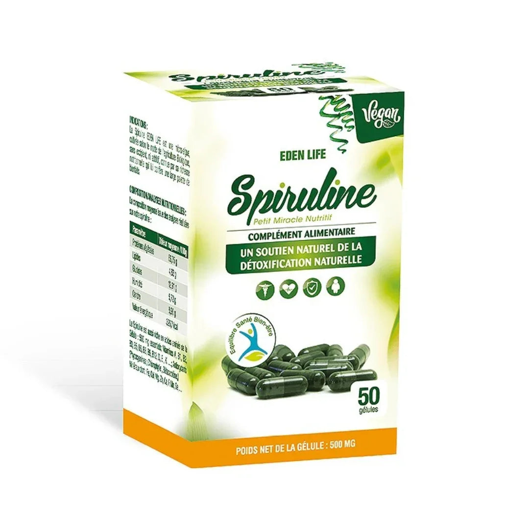 Eden Life Spiruline complément alimentaire 50 gélules 500 mg, soutien naturel détoxification | La Para Du Lac