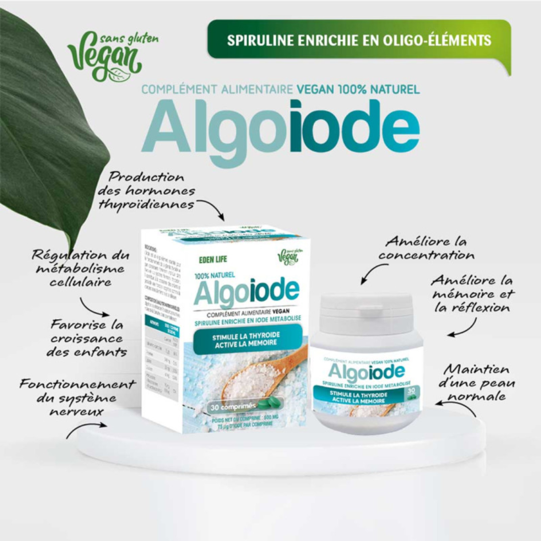 AlgoIode Eden Life 30 comprimés, spiruline enrichie en iode pour thyroïde et mémoire, disponible sur laparadulac.com – parapharmacie Tunisie.