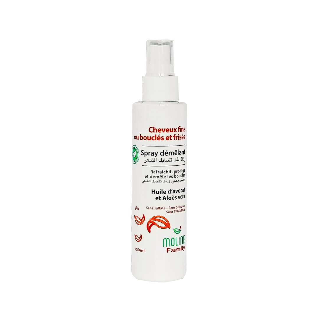 Moline Spray Démêlant 150ml sur laparadulac.com, parapharmacie Tunisie : soin capillaire naturel sans rinçage pour cheveux doux et démêlés.