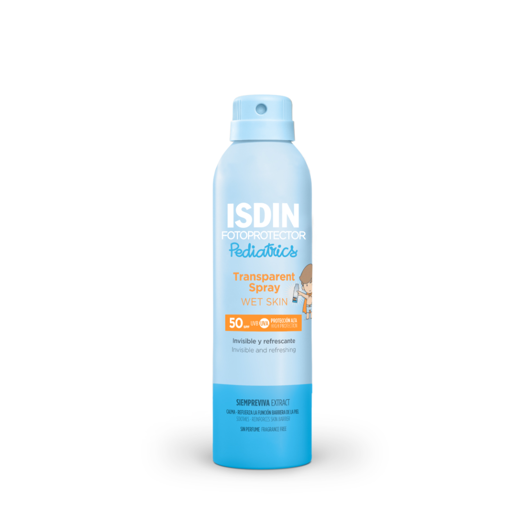 ISDIN Fotoprotector Wet Skin Spray Pediatrics SPF50 200 ml – spray solaire transparent enfants, parapharmacie Laparadulac Parapharmacie Tunisie. Disponible sur laparadulac.com