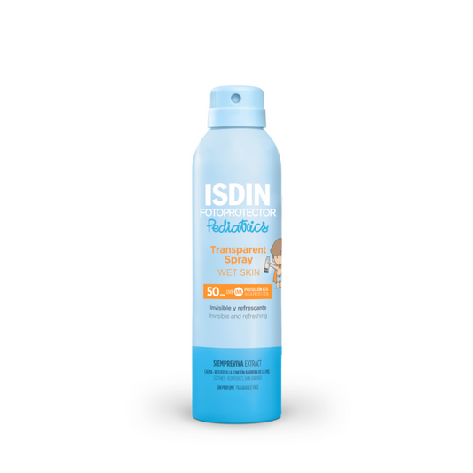 ISDIN Fotoprotector Wet Skin Spray Pediatrics SPF50 200 ml – spray solaire transparent enfants, parapharmacie Laparadulac Parapharmacie Tunisie. Disponible sur laparadulac.com