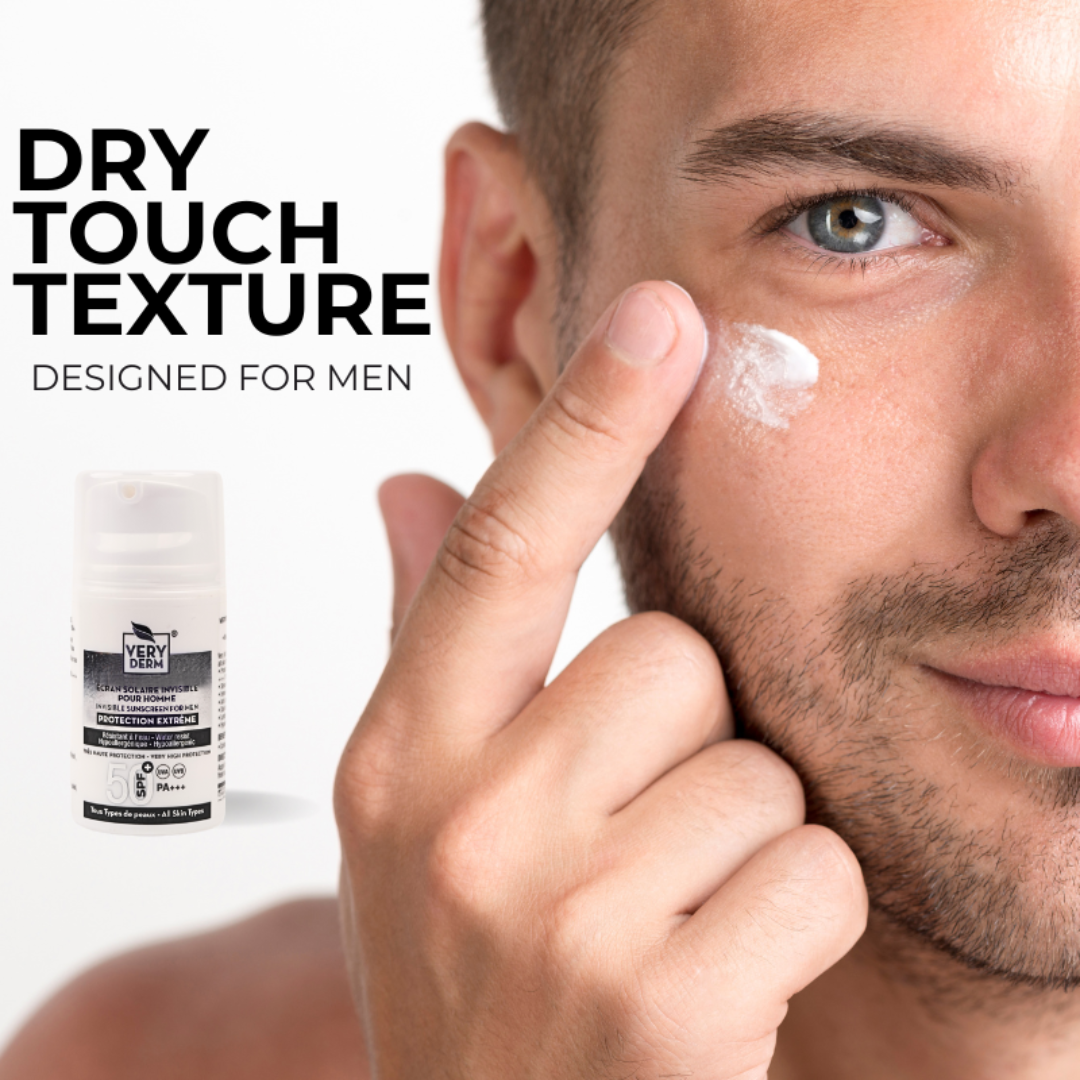 Crème solaire homme Very Derm SPF 50 50 ml, fini sec non gras pour peau masculine. Enrichie en niacinamide, vitamine E, aloe vera et D‑panthénol pour protéger, unifier et apaiser. Disponible sur laparadulac.com, parapharmacie Tunisie.