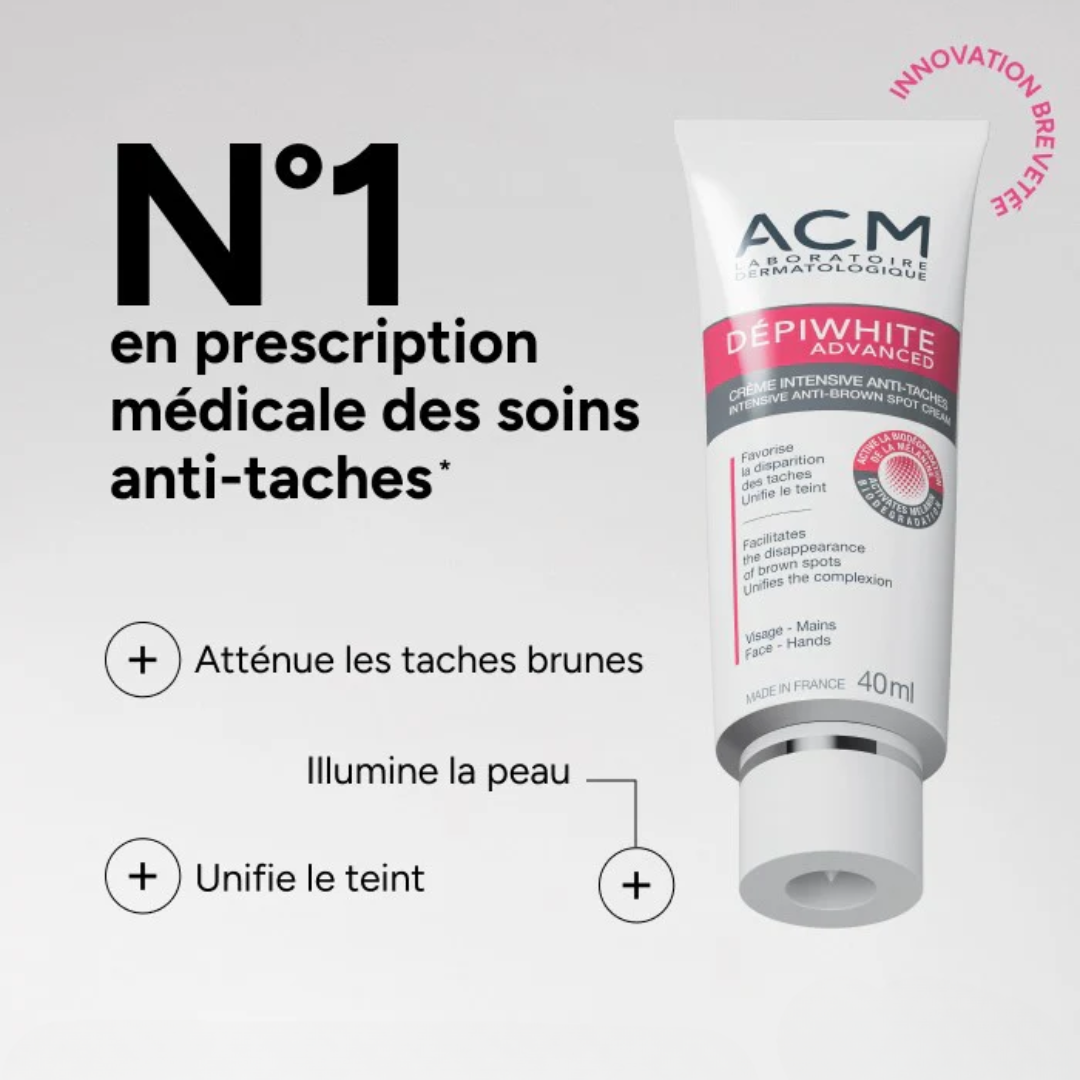 "ACM Depiwhite Advanced crème intensive sur laparadulac.com, parapharmacie Tunisie, soin anti-taches brunes pour un teint unifié et éclatant."