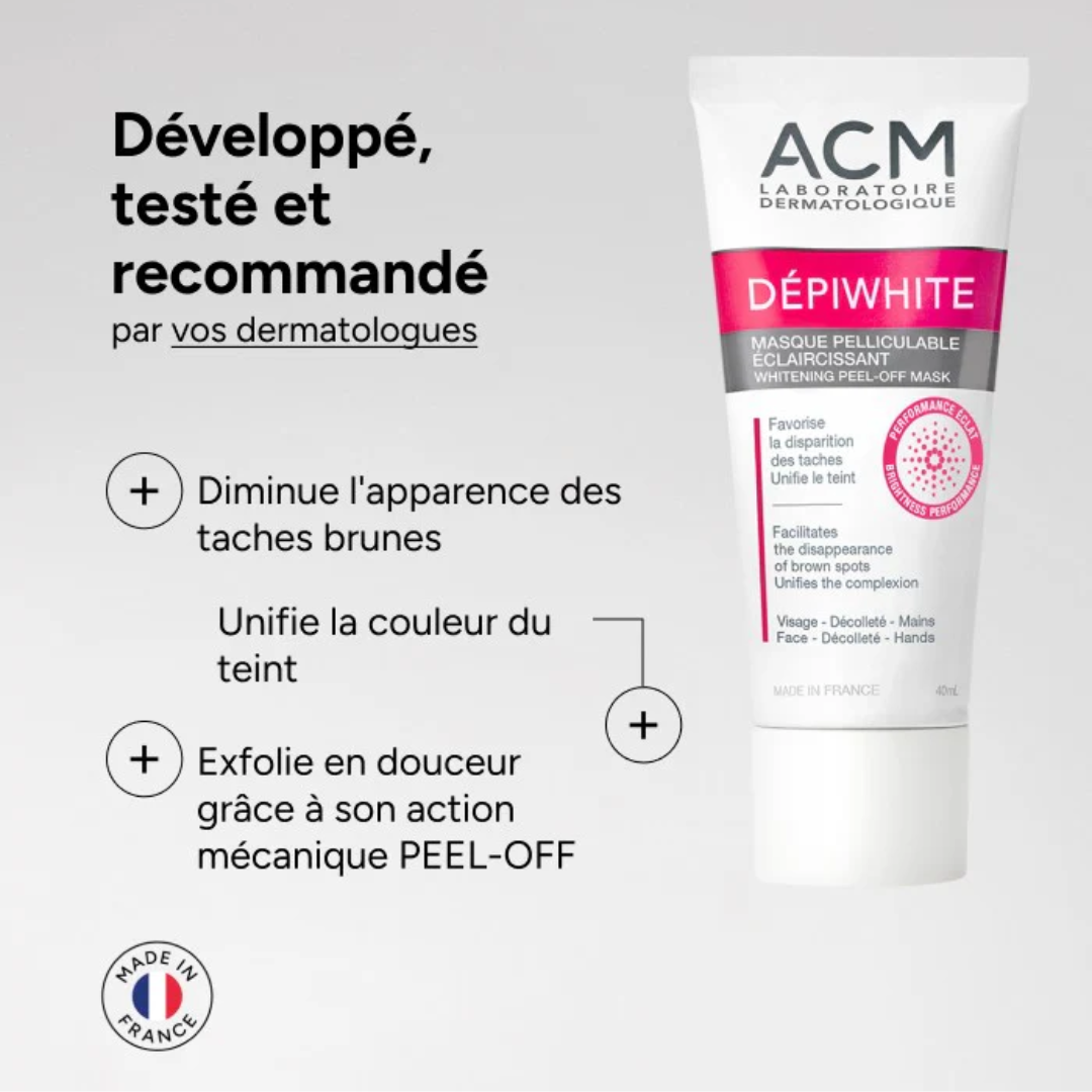 "ACM Depiwhite masque pelliculable sur laparadulac.com, parapharmacie Tunisie, soin anti-taches visage pour un teint unifié et éclatant."