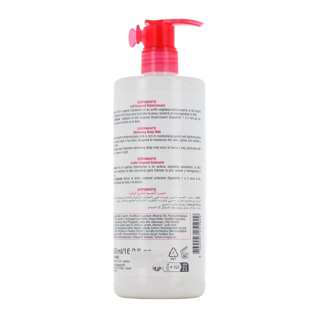"ACM Depiwhite lait éclaircissant 500 ml sur laparadulac.com, parapharmacie Tunisie, soin unifiant hydratant pour peau sèche et irrégularités pigmentaires."