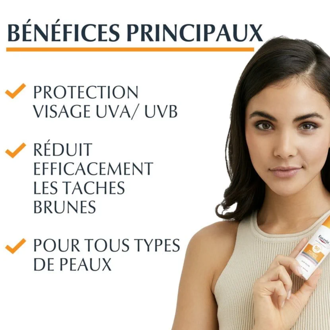 Eucerin Sun Pigment Control Fluid SPF50+ disponible sur laparadulac.com parapharmacie Tunisie pour protéger la peau et réduire les taches brunes