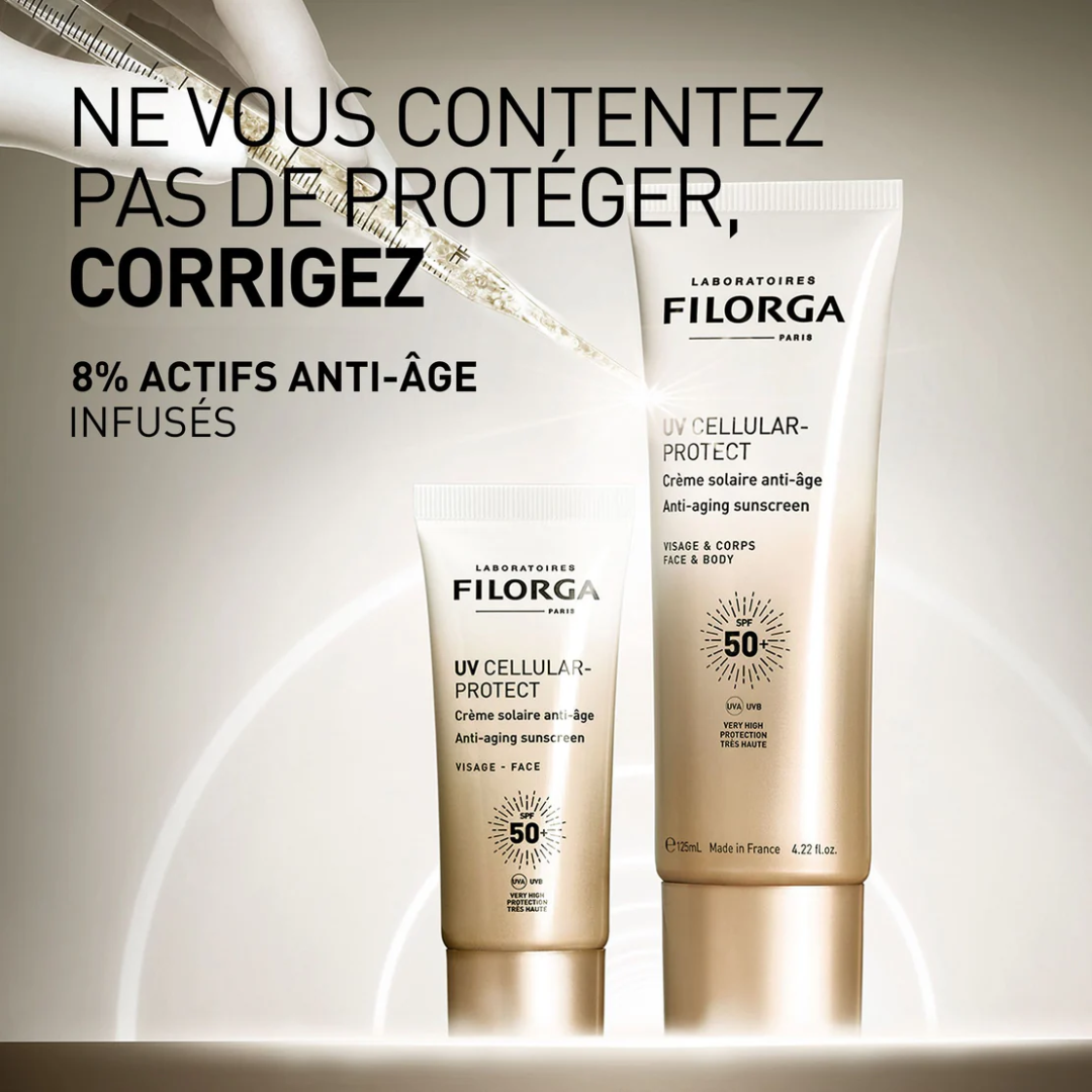 FILORGA UV Cellular Protect Corps SPF50+ Tunisie – crème solaire anti-âge corps, soin protecteur haute protection UVA/UVB et antioxydant, cosmétique française haut de gamme FILORGA, parapharmacie en ligne Tunisie Lac 2, produits solaires FILORGA originaux pas cher Tunisie, acheter FILORGA UV Cellular Protect Corps SPF50+ en Tunisie sur laparadulac.com