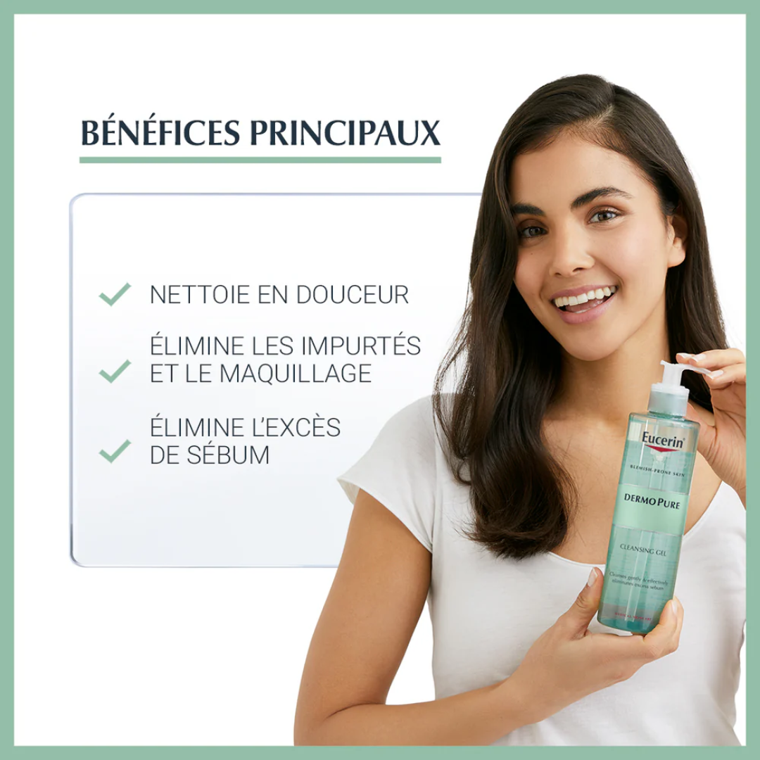 EUCERIN DermoPurifyer Gel Nettoyant Tunisie – gel nettoyant visage peau grasse et acnéique, soin purifiant anti-imperfections et sébo-régulateur, dermocosmétique Eucerin, parapharmacie en ligne Tunisie Lac 2, produits EUCERIN originaux pas cher Tunisie, acheter gel nettoyant DermoPurifyer Eucerin en Tunisie sur laparadulac.com
