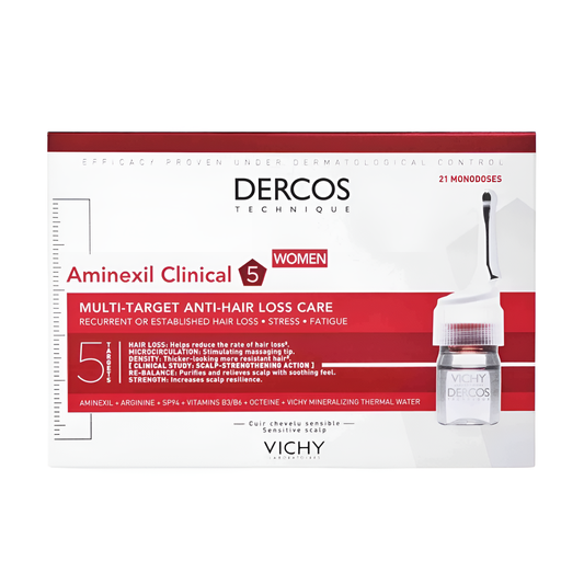 Traitement anti-chute Dercos Aminexil Clinical 5 pour femme disponible sur laparadulac.com, parapharmacie Tunisie contre perte de cheveux à Tunis.