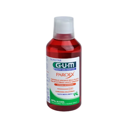 Photo du bain de bouche GUM Paroex 0.20%, solution antiseptique recommandée en parapharmacie Tunisie disponible sur laparadulac.com