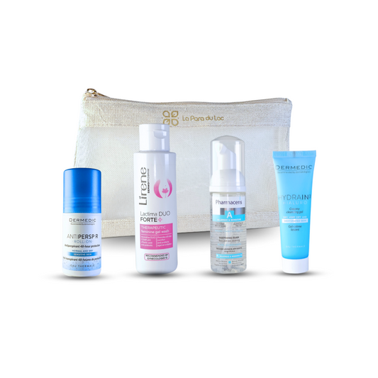 Trousse voyage Dermedic avec 4 soins visage et corps, disponible sur laparadulac.com, parapharmacie Tunisie.