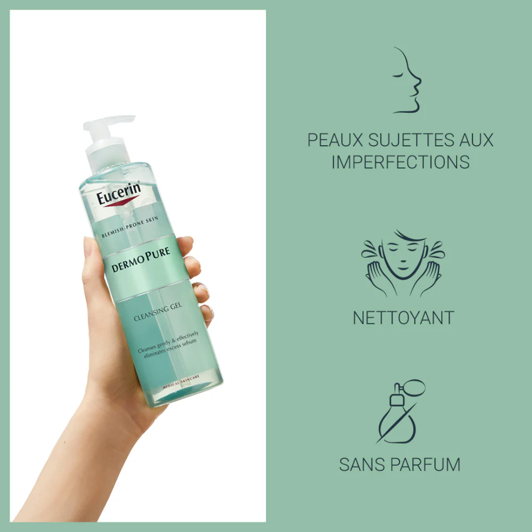EUCERIN DermoPurifyer Gel Nettoyant Tunisie – gel nettoyant visage peau grasse et acnéique, soin purifiant anti-imperfections et sébo-régulateur, dermocosmétique Eucerin, parapharmacie en ligne Tunisie Lac 2, produits EUCERIN originaux pas cher Tunisie, acheter gel nettoyant DermoPurifyer Eucerin en Tunisie sur laparadulac.com