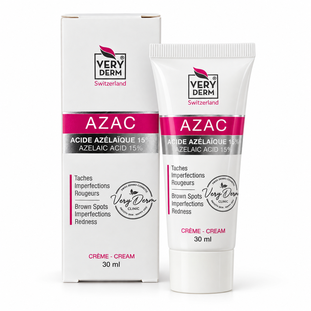 Vue d'ensemble du tube de crème AZAC Very Derm 30ml avec sa boîte d'emballage à l'acide azélaïque 15%