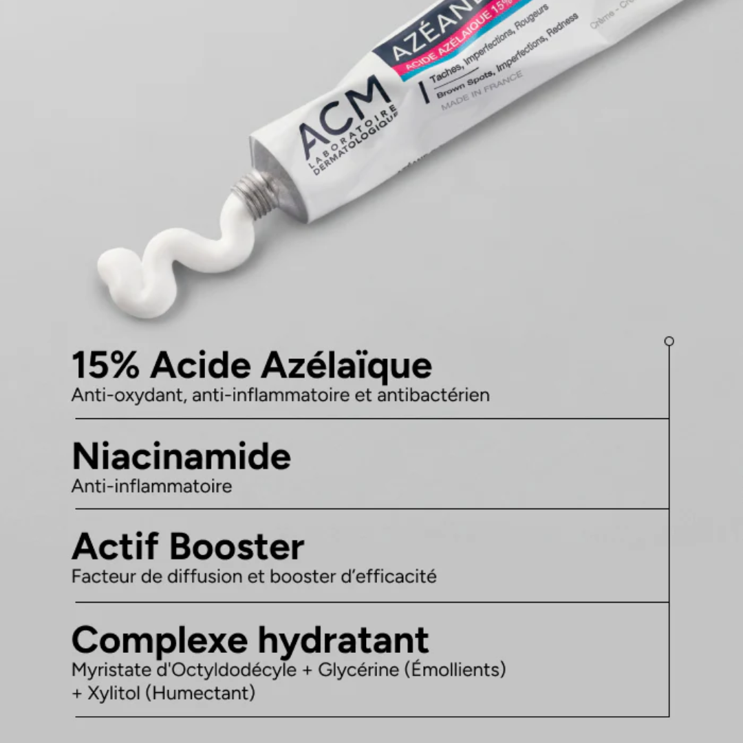 "ACM Azéane crème à l’acide azélaïque 15% sur laparadulac.com, parapharmacie Tunisie, soin anti-taches, anti-imperfections et éclat visage."