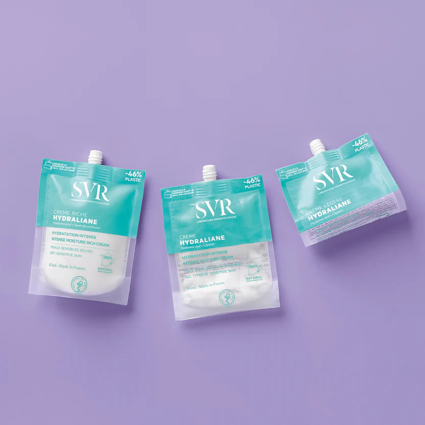 Présentation de la gamme SVR Hydraliane : Crème Riche, Crème et Crème Légère en format éco-recharge, soins hydratants SVR disponibles sur La Para du Lac Tunisie.