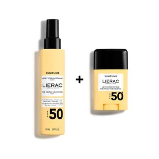 Pack routine solaire Lierac Sunissime SPF50 : Lait Fondant Corps 150ml et Stick Protecteur Zones Sensibles, disponible chez La Para du Lac Tunisie.