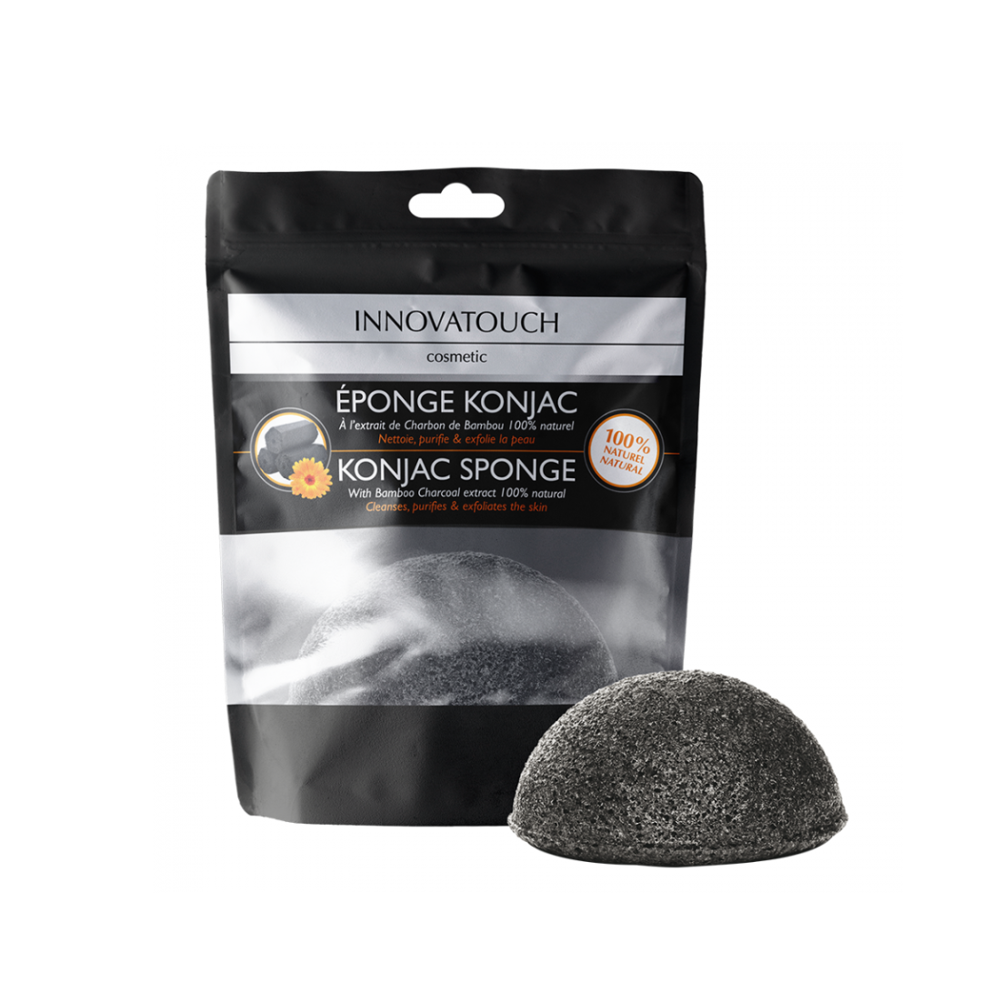 Éponge Konjac Innovatouch au charbon de bambou naturel, laparadulac.com, parapharmacie Tunisie, pour nettoyage visage et exfoliation douce