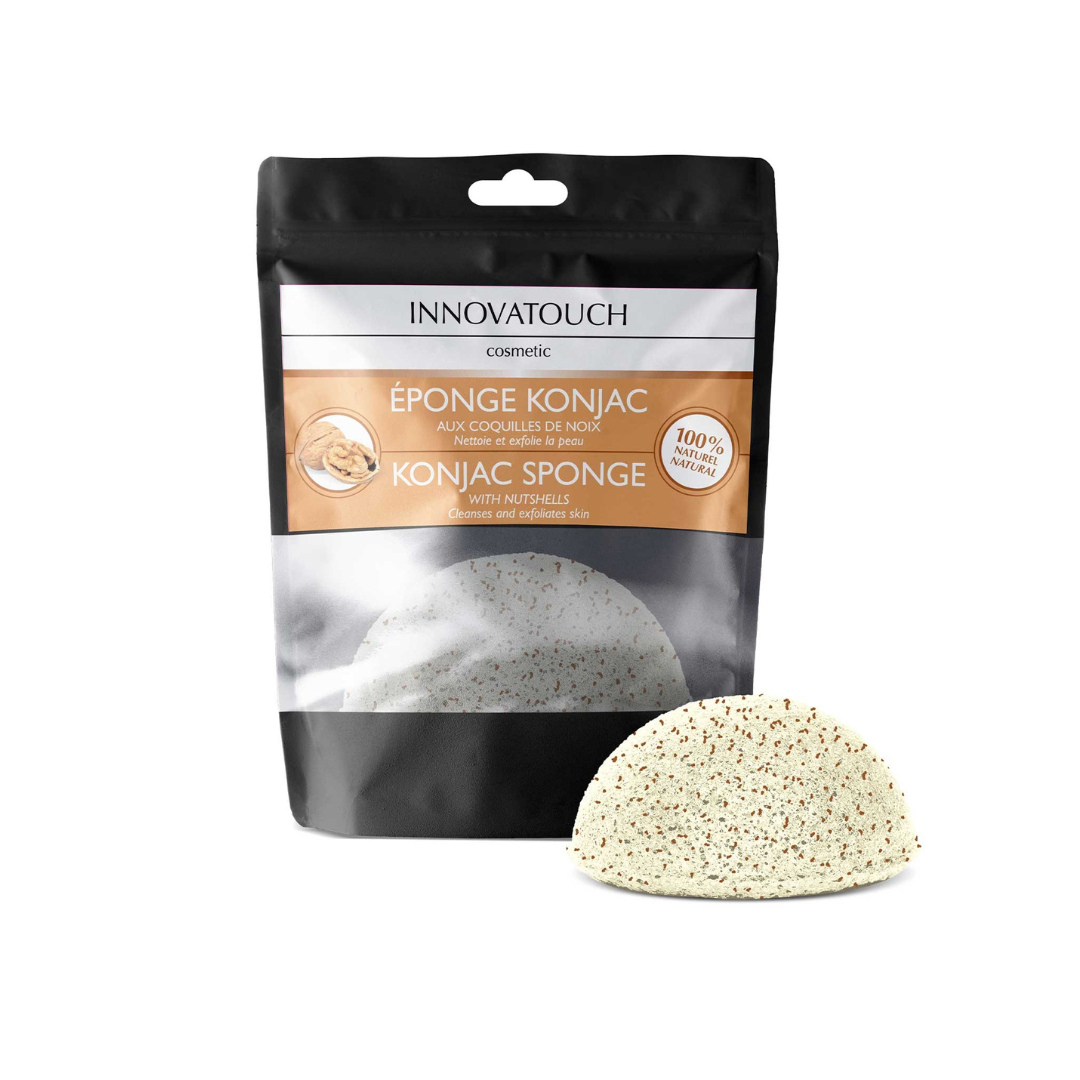 Éponge Konjac Innovatouch aux coquilles de noix naturelle, laparadulac.com, parapharmacie Tunisie, pour nettoyage visage et exfoliation douce