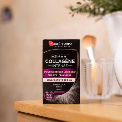 "Forte Pharma Collagène Intense Expert est un complément alimentaire puissant à base de collagène marin, spécialement conçu pour lutter contre les signes de l’âge et améliorer l’apparence de la peau. Ce produit anti-âge aide à restaurer la fermeté, l'élasticité et la tonicité de la peau, tout en réduisant visiblement les rides et en favorisant une peau lisse et éclatante. Disponible à la Parapharmacie du Lac à Tunis, Tunisie, cette solution de soin de la peau est idéale pour les personnes soucieuses de main