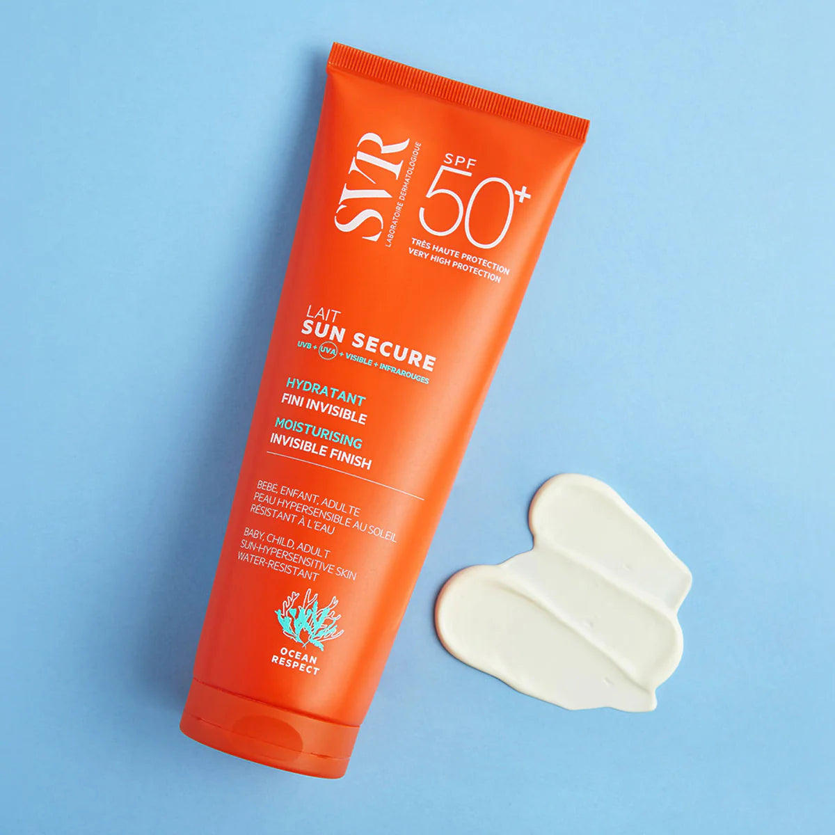 SVR Sun Secure Lait SPF50+ – Lait solaire hydratant haute protection pour peaux sensibles – Disponible sur La Para du Lac, parapharmacie en ligne N°1 en Tunisie.