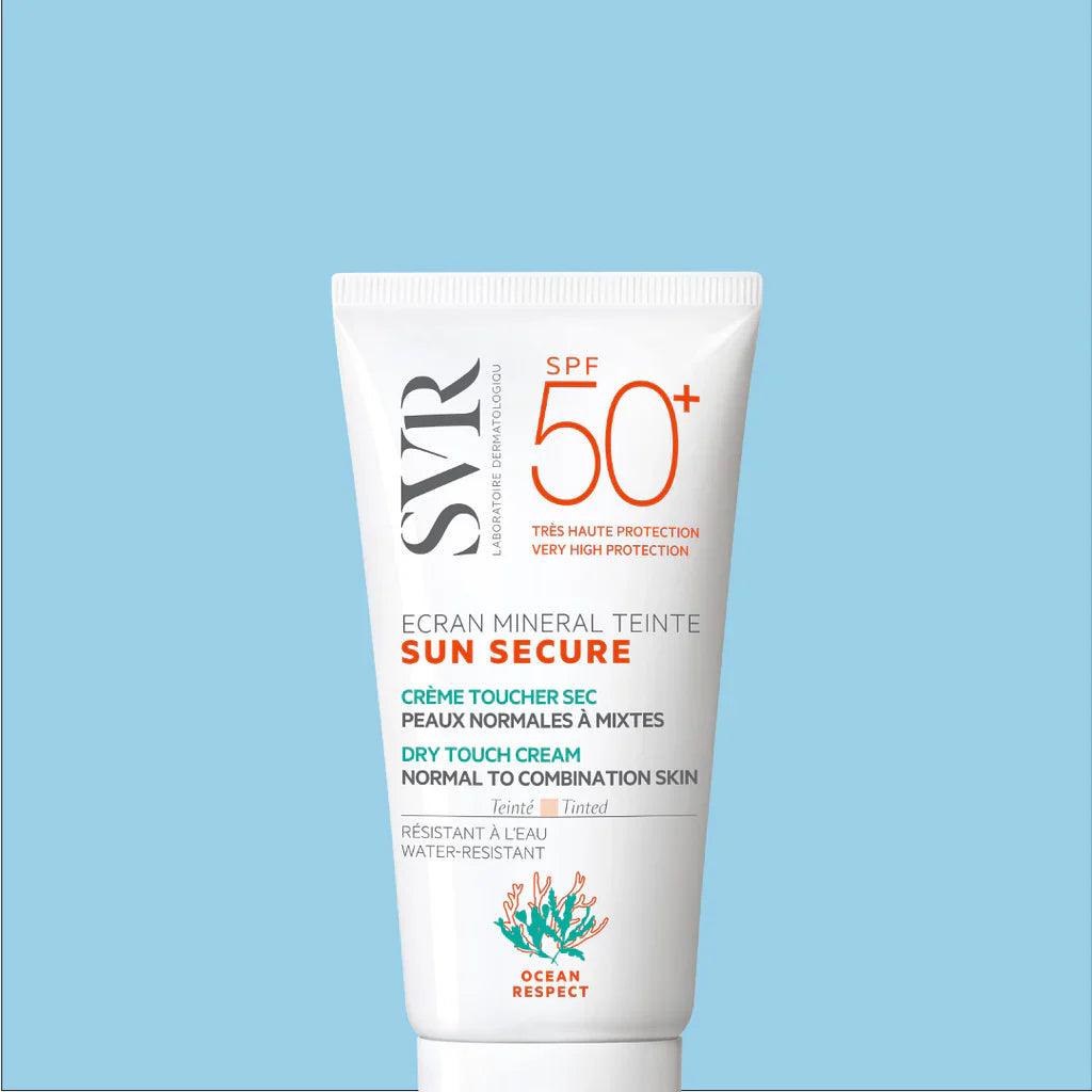SVR SUN SECURE Écran Minéral Teinté SPF50 – solaire teinté pour peaux normales à mixtes. Disponible sur laparadulac.com, parapharmacie Tunisie à prix mini.