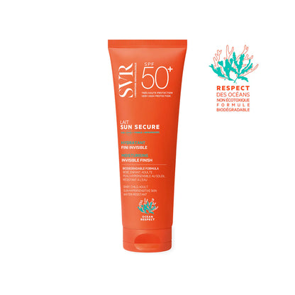 SVR Sun Secure Lait SPF50+ – Lait solaire hydratant haute protection pour peaux sensibles – Disponible sur La Para du Lac, parapharmacie en ligne N°1 en Tunisie.