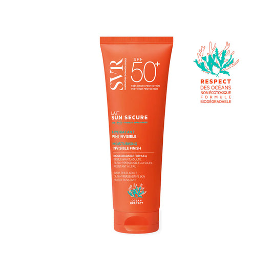 SVR Sun Secure Lait SPF50+ – Lait solaire hydratant haute protection pour peaux sensibles – Disponible sur La Para du Lac, parapharmacie en ligne N°1 en Tunisie.