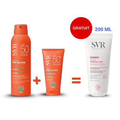 SVR PACK SUN SECURE Brume + Blur crème mousse + crème Topialise 200 ml Gratuite