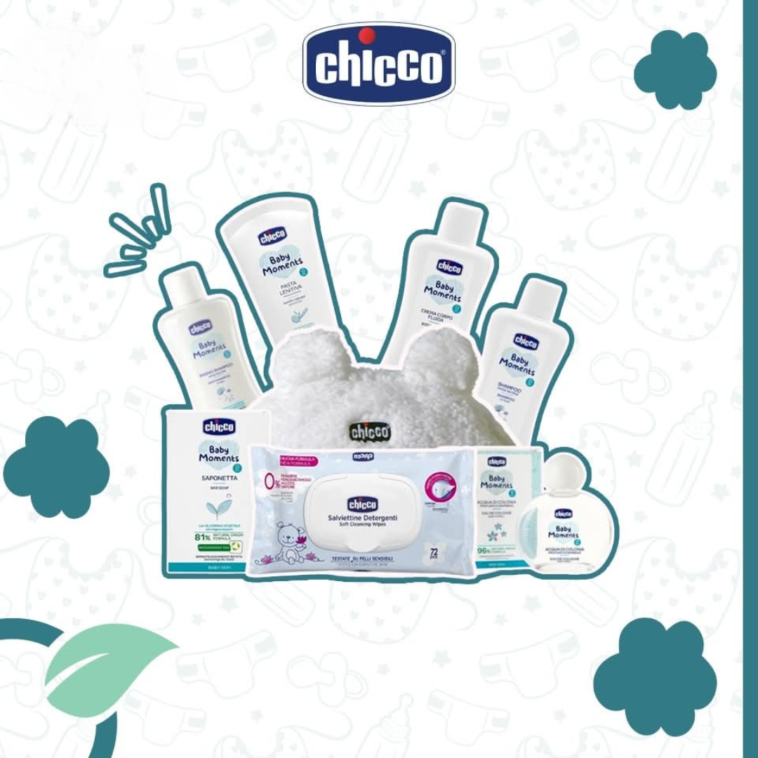 Trousse bébé Chicco Baby Moments avec soins essentiels – sur laparadulac.com – parapharmacie Tunisie pour maternité et cadeaux naissance.


