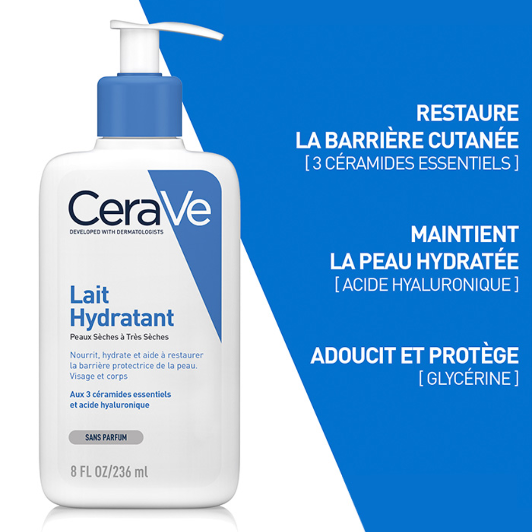Lait Hydratant CeraVe – soin visage et corps sans parfum pour peaux sèches – hydratation 24h – parapharmacie en ligne Tunisie – laparadulac.com