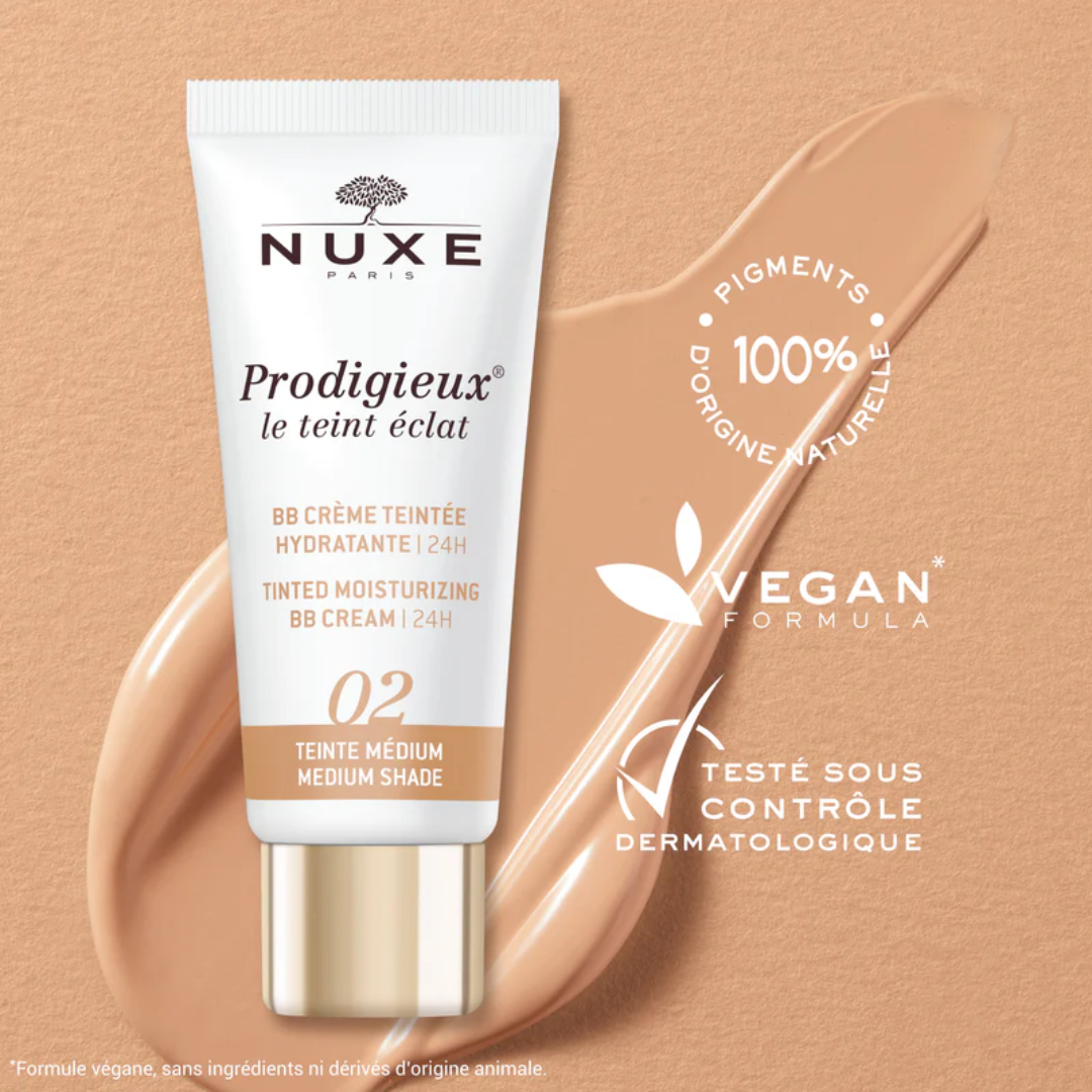 BB Crème NUXE Prodigieux Le Teint Éclat 02 Medium sur laparadulac.com – soin teinté hydratant non comédogène en parapharmacie Tunisie

