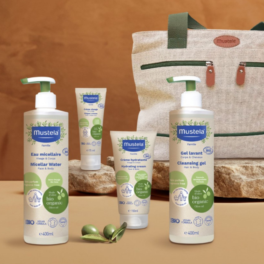 Sac maternité bio Mustela avec soins bébé complets, disponible sur laparadulac.com, parapharmacie Tunisie.