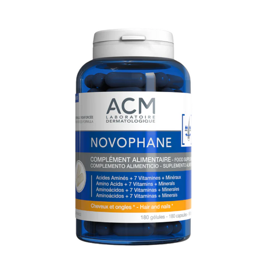 "ACM Novophane 180 gélules disponible sur laparadulac.com, parapharmacie Tunisie, soin cheveux et ongles, complément chute capillaire et ongles cassants."
