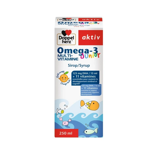 Sirop multivitaminé enfant AKTIV Omega 3 Junior en vente sur laparadulac.com | Parapharmacie Tunisie | Développement cognitif et visuel

