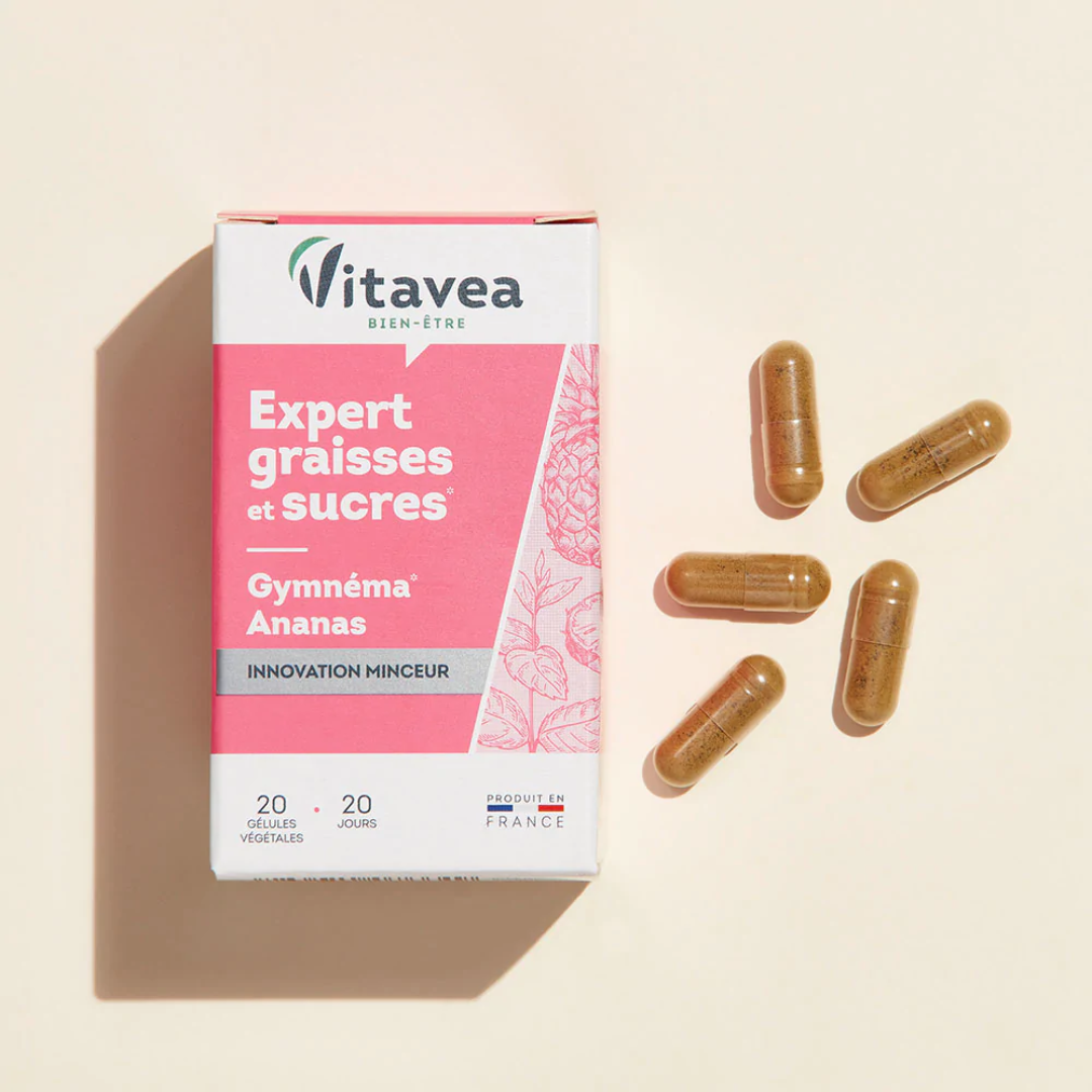 Boîte Vitavea Expert Graisse & Sucre 20 gélules – complément minceur, aide à réguler glycémie (selon formule) et métabolisme des graisses, programme perte de poids, parapharmacie en ligne Tunisie laparadulac.com, qualité garantie.