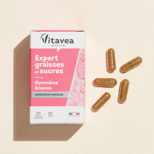 Boîte Vitavea Expert Graisse & Sucre 20 gélules – complément minceur, aide à réguler glycémie (selon formule) et métabolisme des graisses, programme perte de poids, parapharmacie en ligne Tunisie laparadulac.com, qualité garantie.