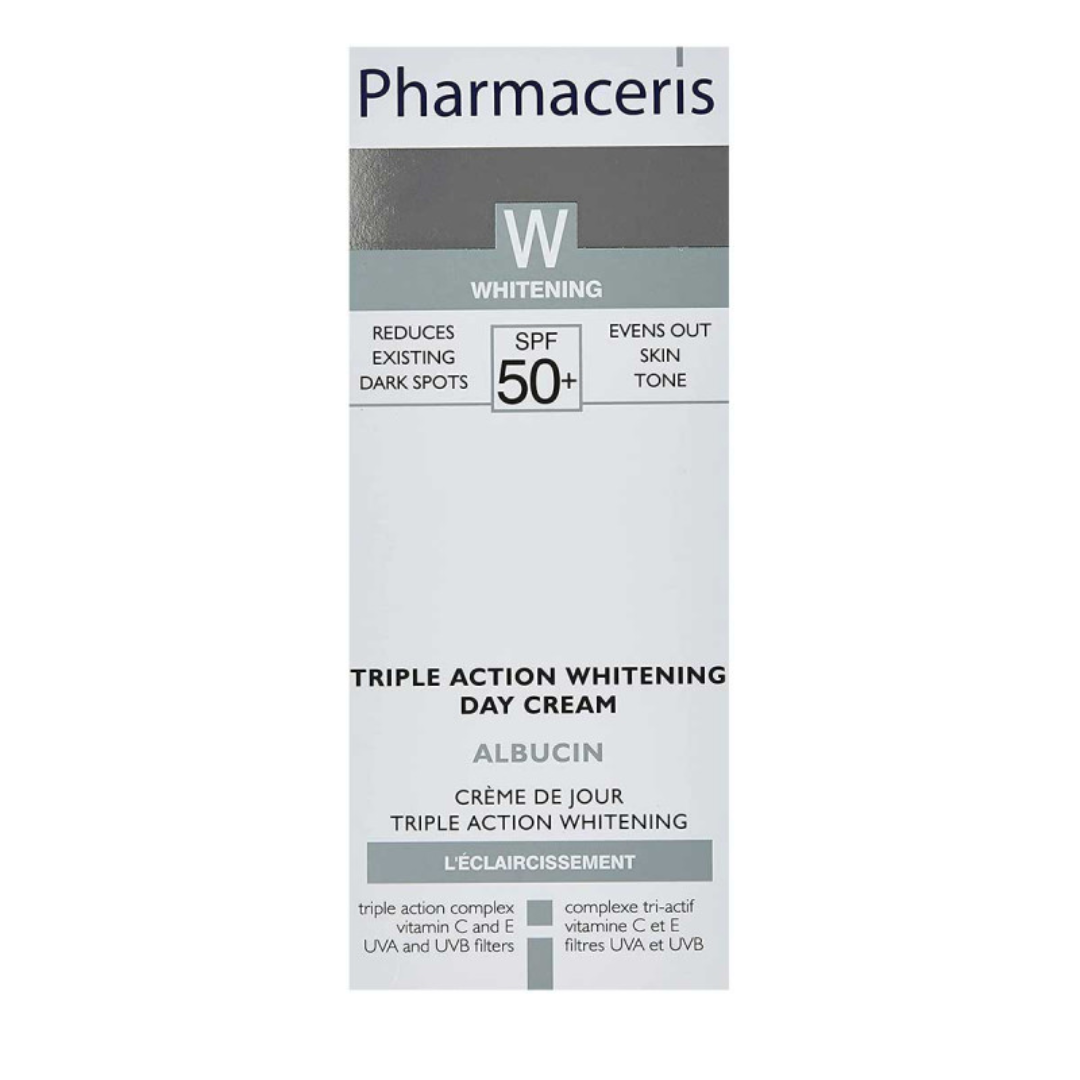 Image de la crème PHARMACERIS Albucin Triple Action SPF50+ 30 ml sur laparadulac.com, parapharmacie Tunisie – soin anti-taches et éclaircissant.

