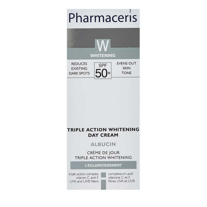 Image de la crème PHARMACERIS Albucin Triple Action SPF50+ 30 ml sur laparadulac.com, parapharmacie Tunisie – soin anti-taches et éclaircissant.

