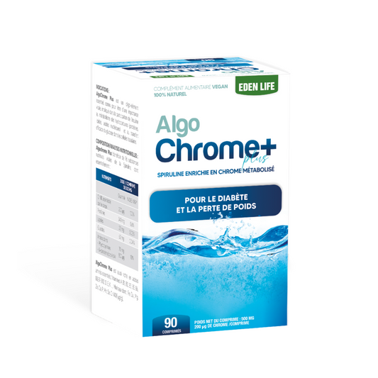 AlgoChrome Plus Eden Life – spiruline enrichie en chrome pour glycémie et satiété, disponible sur laparadulac.com – parapharmacie Tunisie bien-être.

