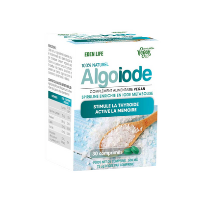 AlgoIode Eden Life 30 comprimés, spiruline enrichie en iode pour thyroïde et mémoire, disponible sur laparadulac.com – parapharmacie Tunisie.

