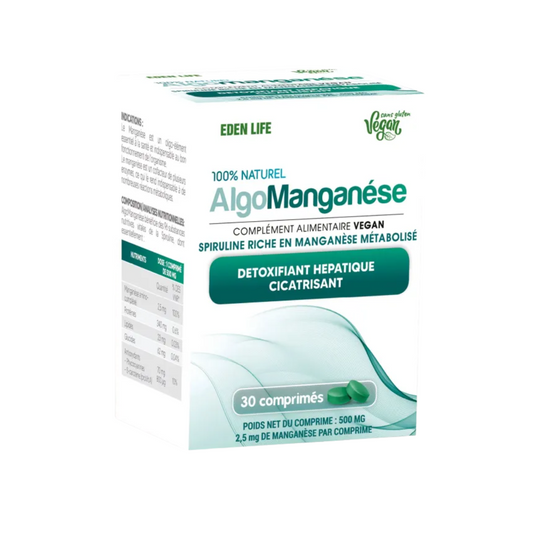 Algomanganèse Eden Life 30 comprimés, spiruline enrichie pour métabolisme et santé osseuse, disponible sur laparadulac.com – parapharmacie Tunisie.


