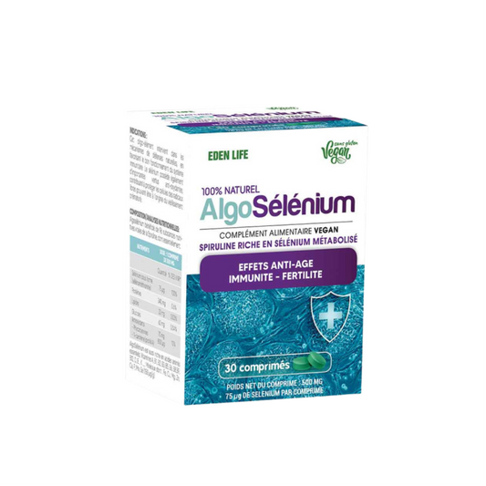 AlgoSélénium Eden Life 30 comprimés, spiruline enrichie en sélénium pour immunité et antioxydants, disponible sur laparadulac.com – parapharmacie Tunisie.


