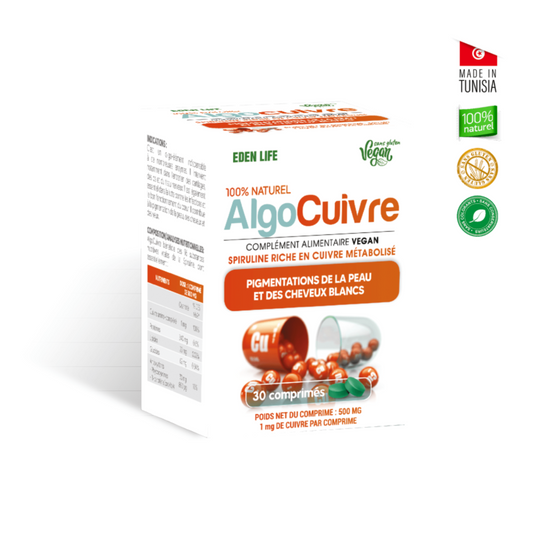 Algocuivre Eden Life 30 comprimés, spiruline enrichie en cuivre pour la santé cardiaque et l'énergie, disponible sur laparadulac.com – parapharmacie Tunisie.

